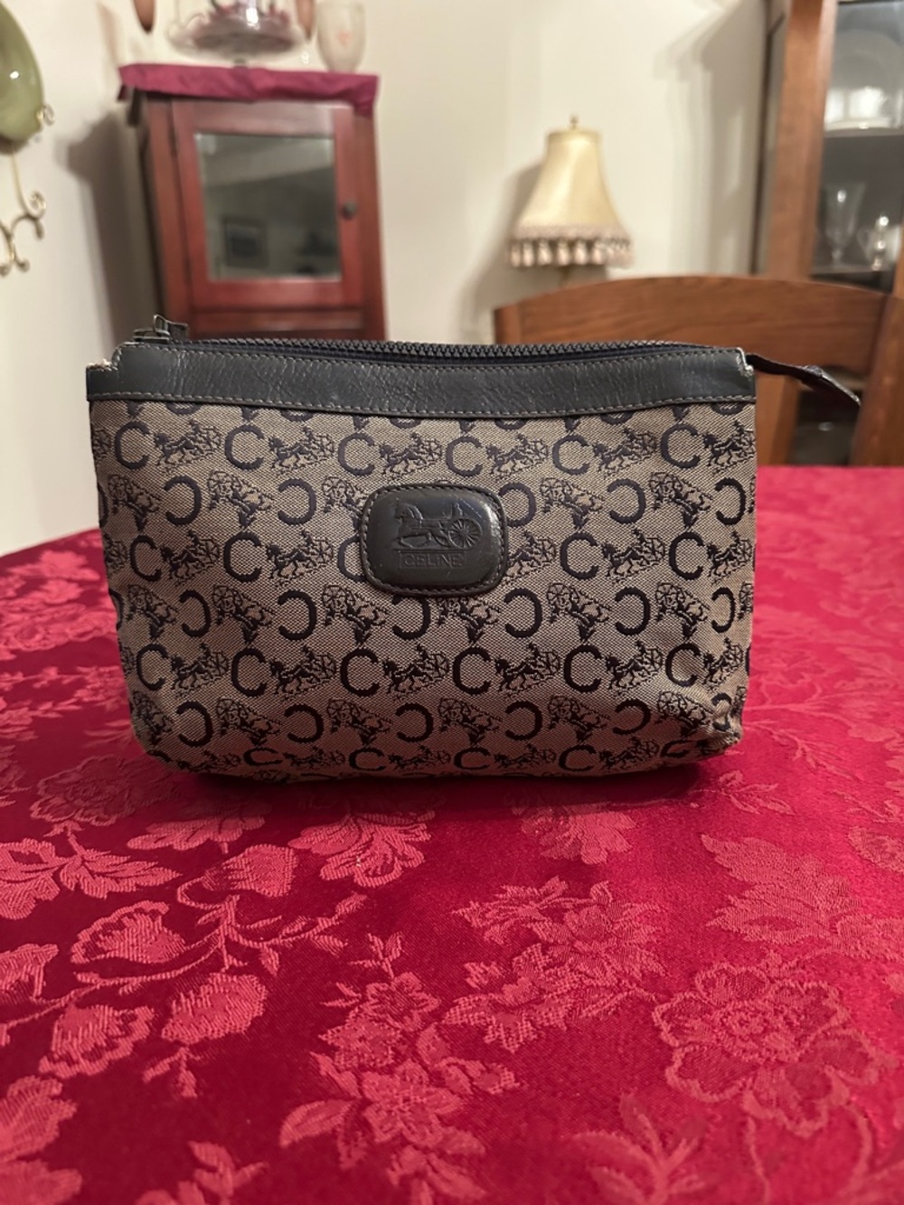Celine Blue Canvas & Leather Monogram Zip Clutch